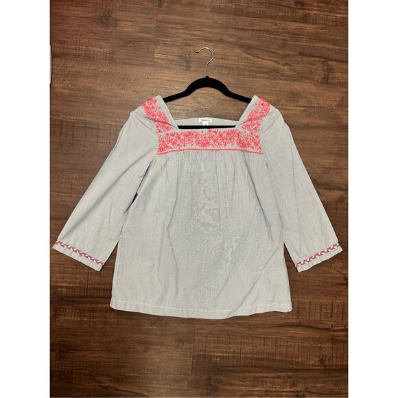 Westport Blue and White Striped Blouse with Pink Accents Size Small - Picture 1 of 15